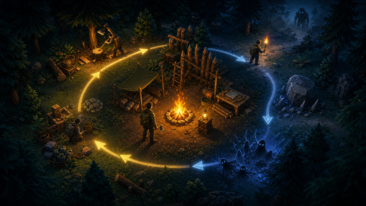Site-original core gameplay loop visual for 99 Nights in the Forest showing resource gathering, camp safety, careful exploration, night danger, and survival repetition.