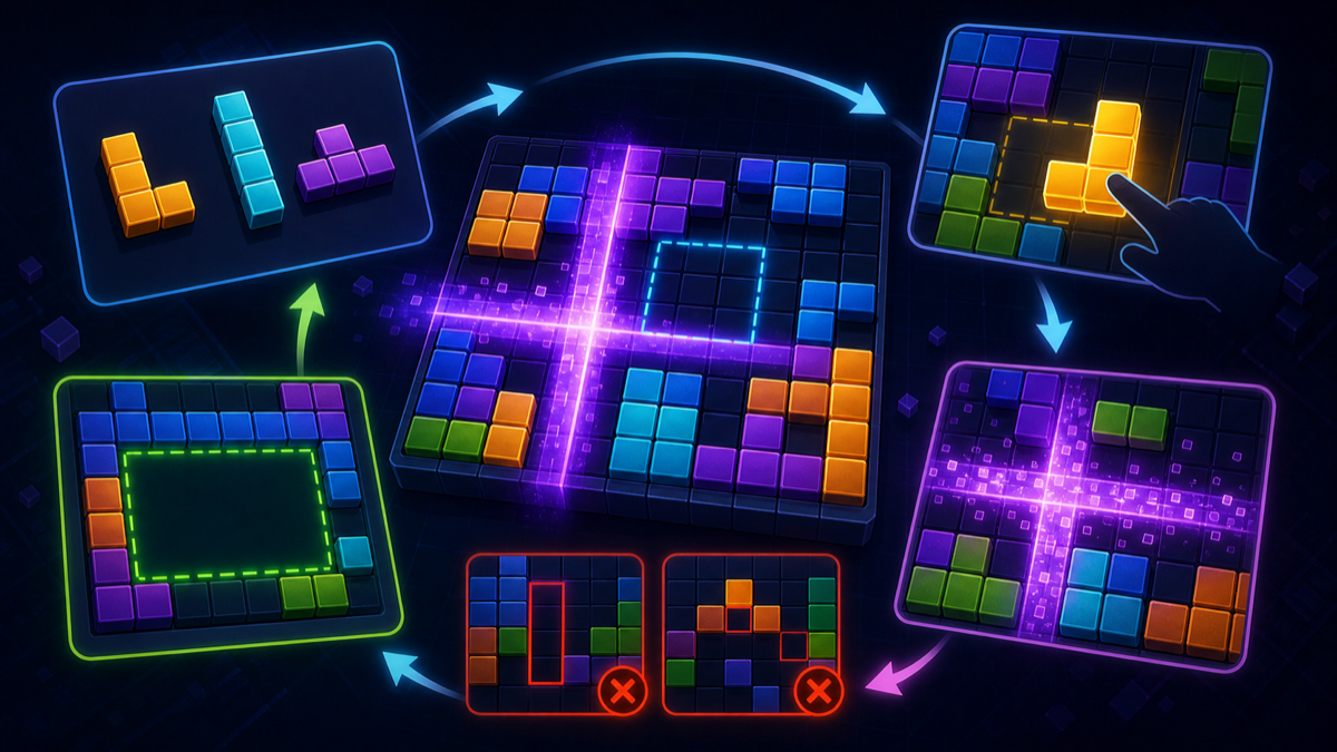 Site-original core gameplay loop visual for Block Blast showing piece selection, grid placement, line clears, space preservation, and repeat strategy.