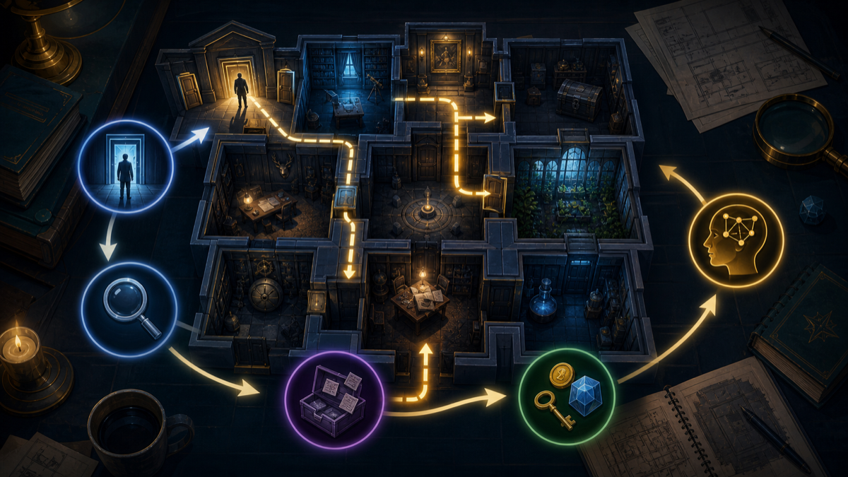 Site-original core gameplay loop visual for Blue Prince showing room choices, clue inspection, resource management, route planning, and learning across runs.