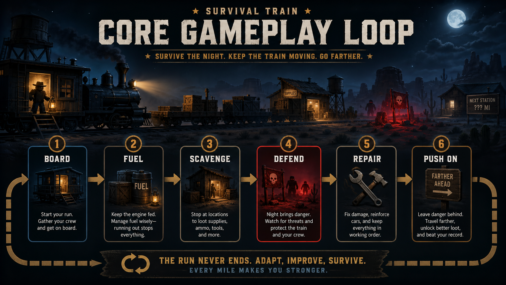 Site-original core gameplay loop visual for Dead Rails showing boarding, fuel, scavenging, defending, repairing, and pushing forward.
