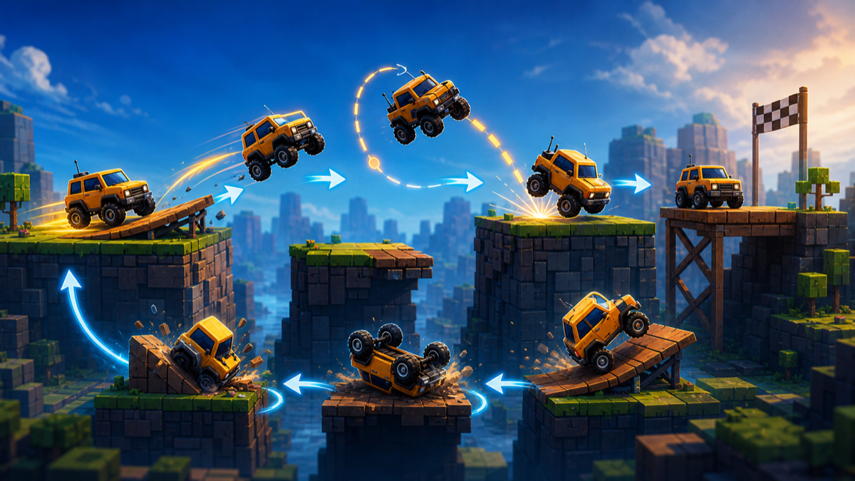 Site-original core gameplay loop visual for Drive Mad showing speed control, ramps, vehicle balance, landing angle, retries, and finishing a level.