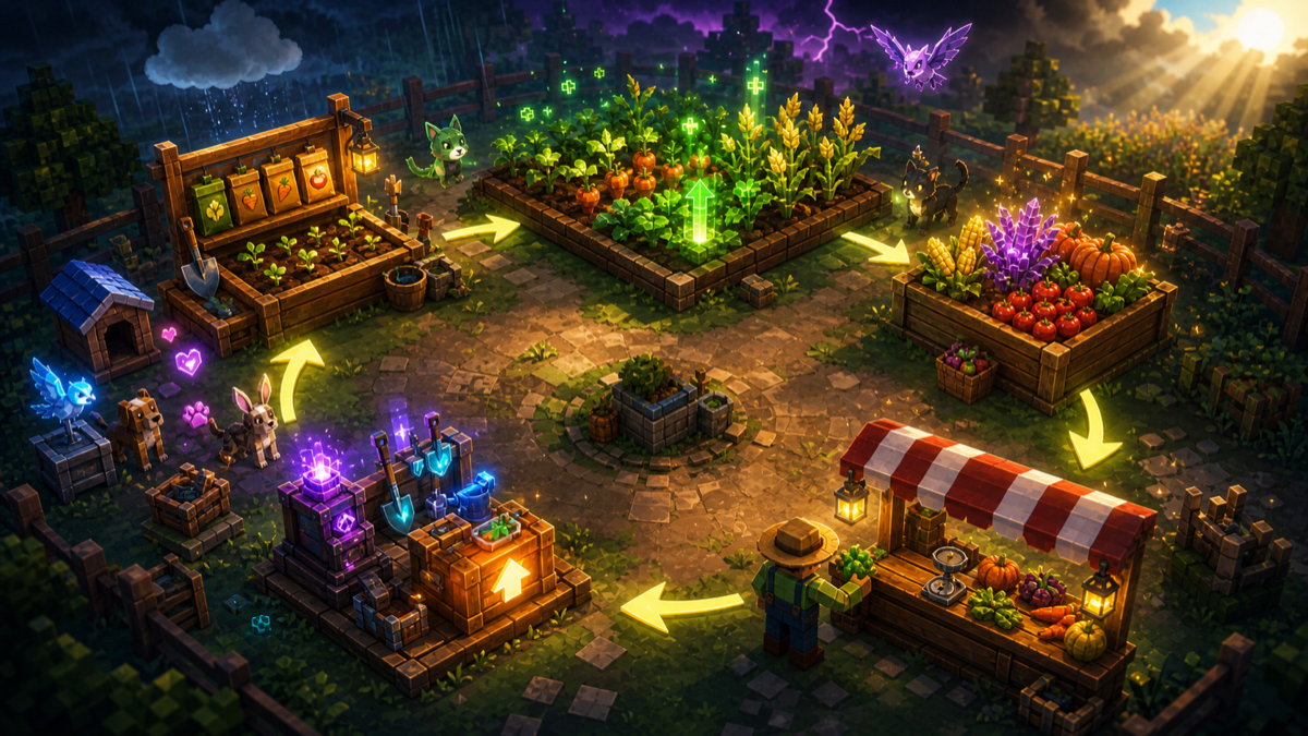 Site-original core gameplay loop visual for Grow a Garden showing seeds, crop growth, harvest, selling, reinvestment, pets, gear, weather, and mutations.
