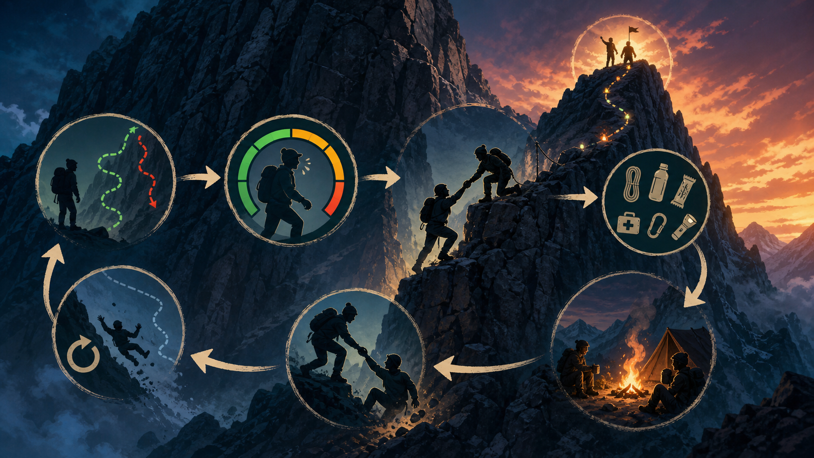 Site-original core gameplay loop visual for PEAK showing route scouting, stamina checks, climbing, helping teammates, item use, camp rest, and summit retries.
