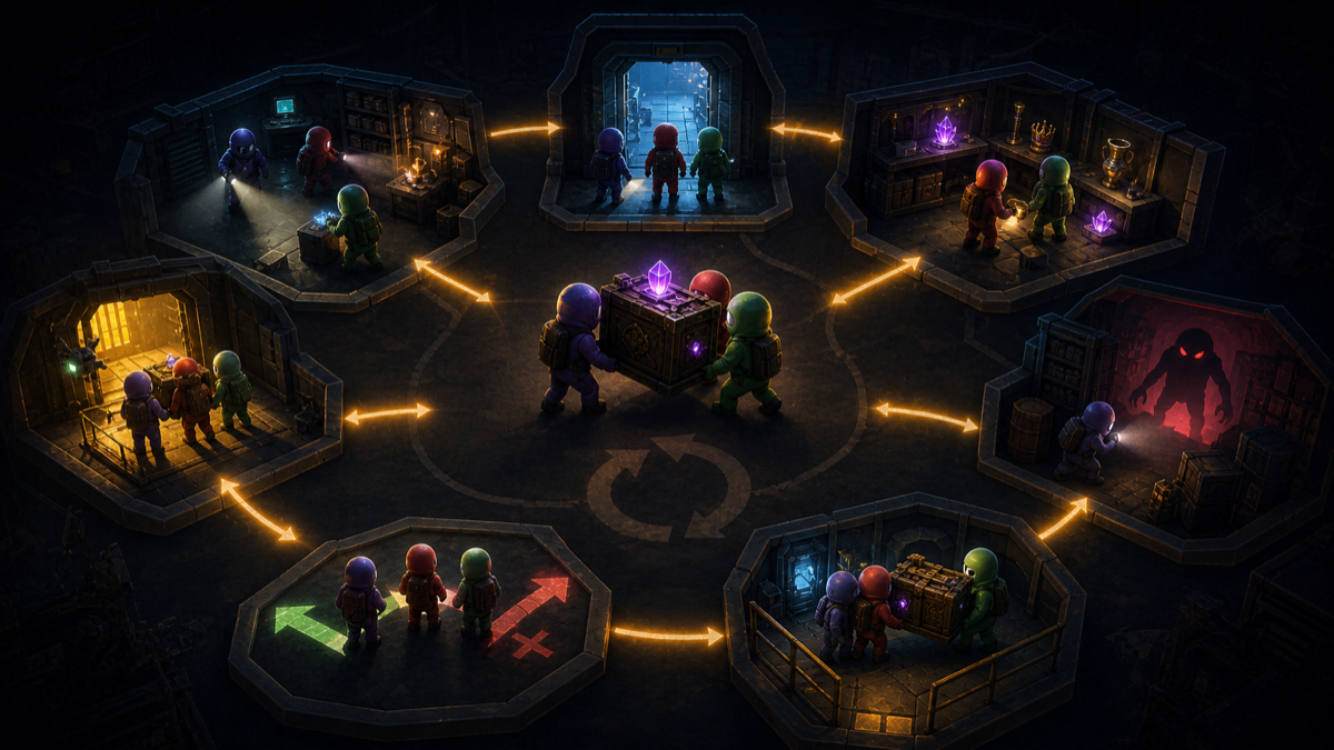 Site-original core gameplay loop visual for R.E.P.O. showing entering, searching, carrying valuables, danger response, extraction, and team decisions.