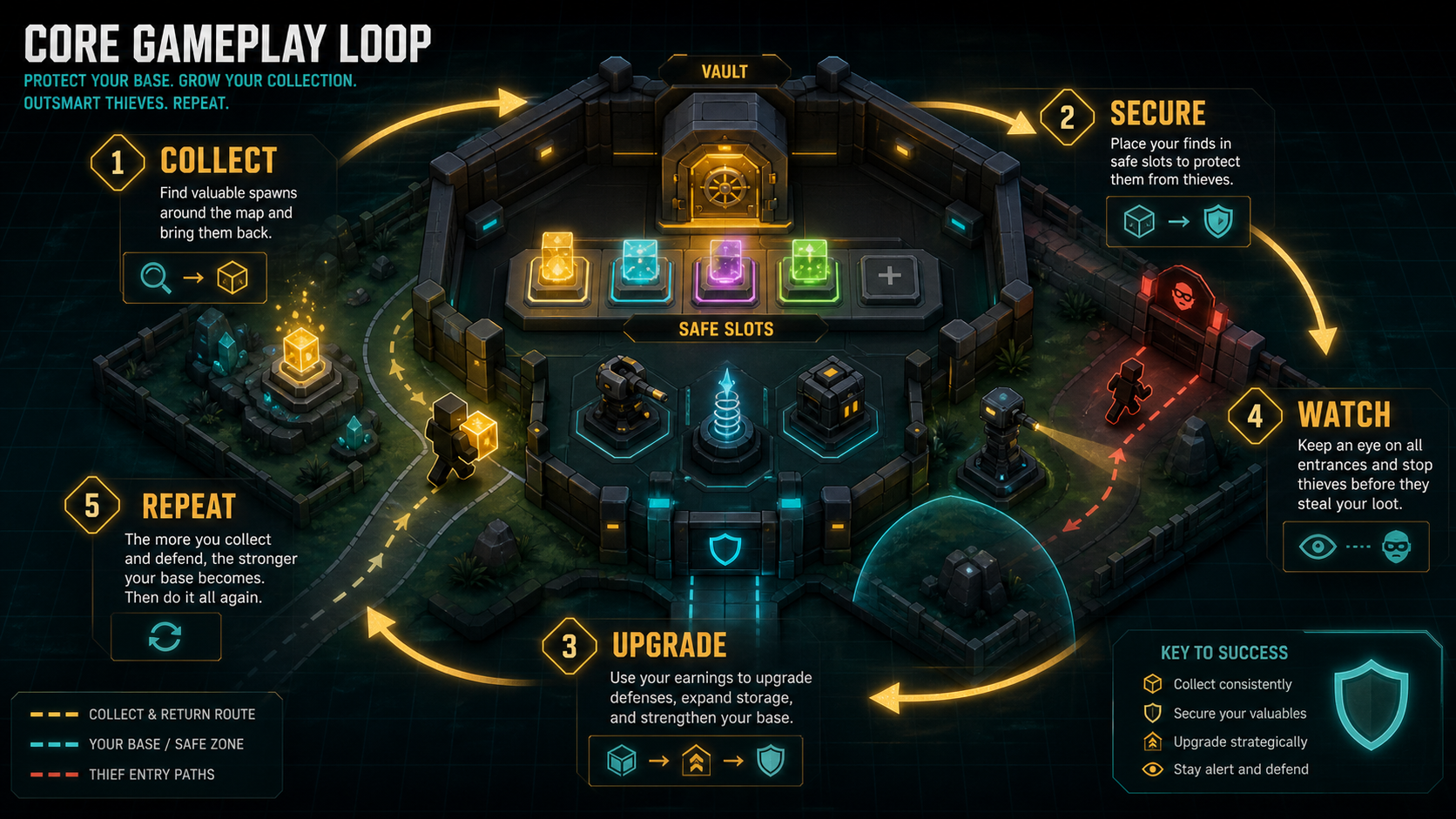 Site-original core gameplay loop visual for Steal a Brainrot showing collect, secure, upgrade, watch, and repeat base protection stages.