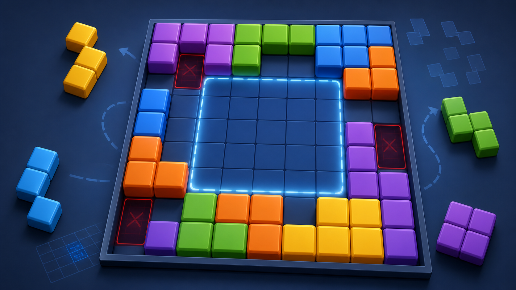 Site-original block puzzle space management guide cover. No copied screenshot, logo, UI, storefront image, or promotional art.