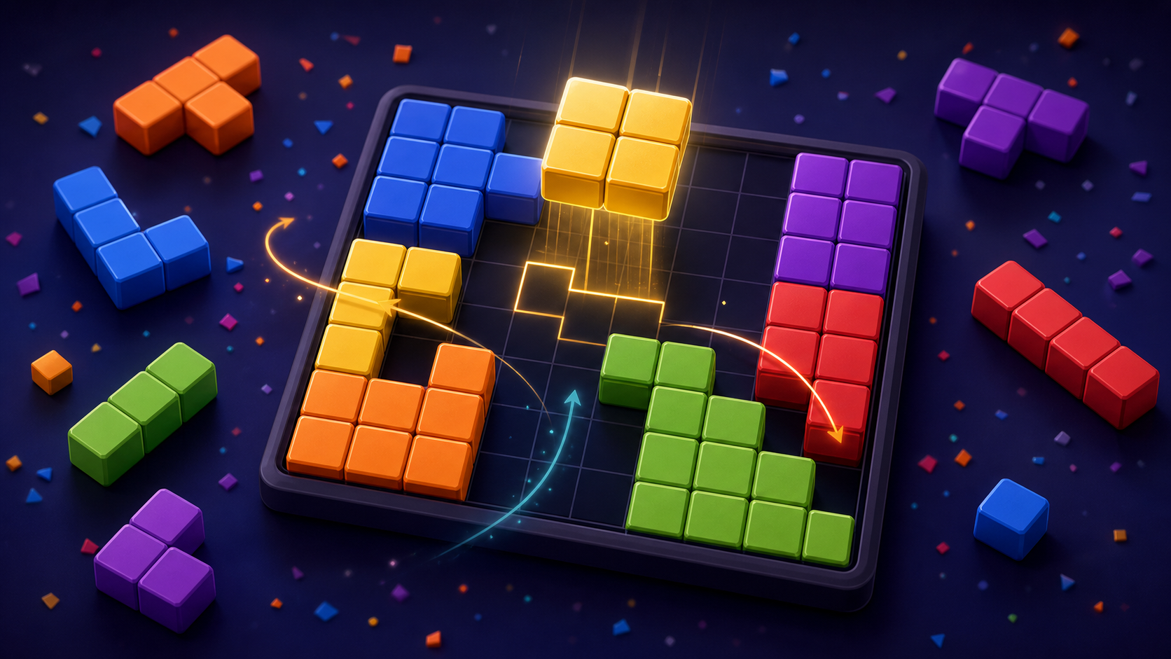 Site-original block puzzle strategy guide cover. No copied screenshot, logo, UI, storefront image, or promotional art.